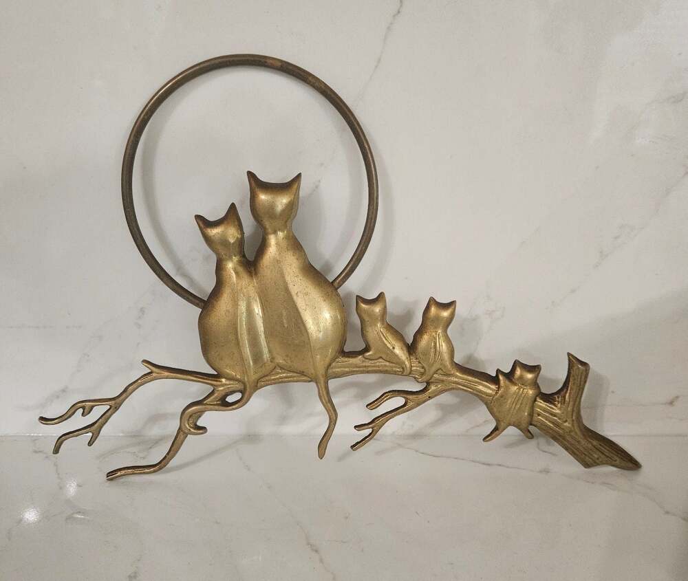 Vintage Brass Cat Family Wall Hanging Sculpture on Tree Branch